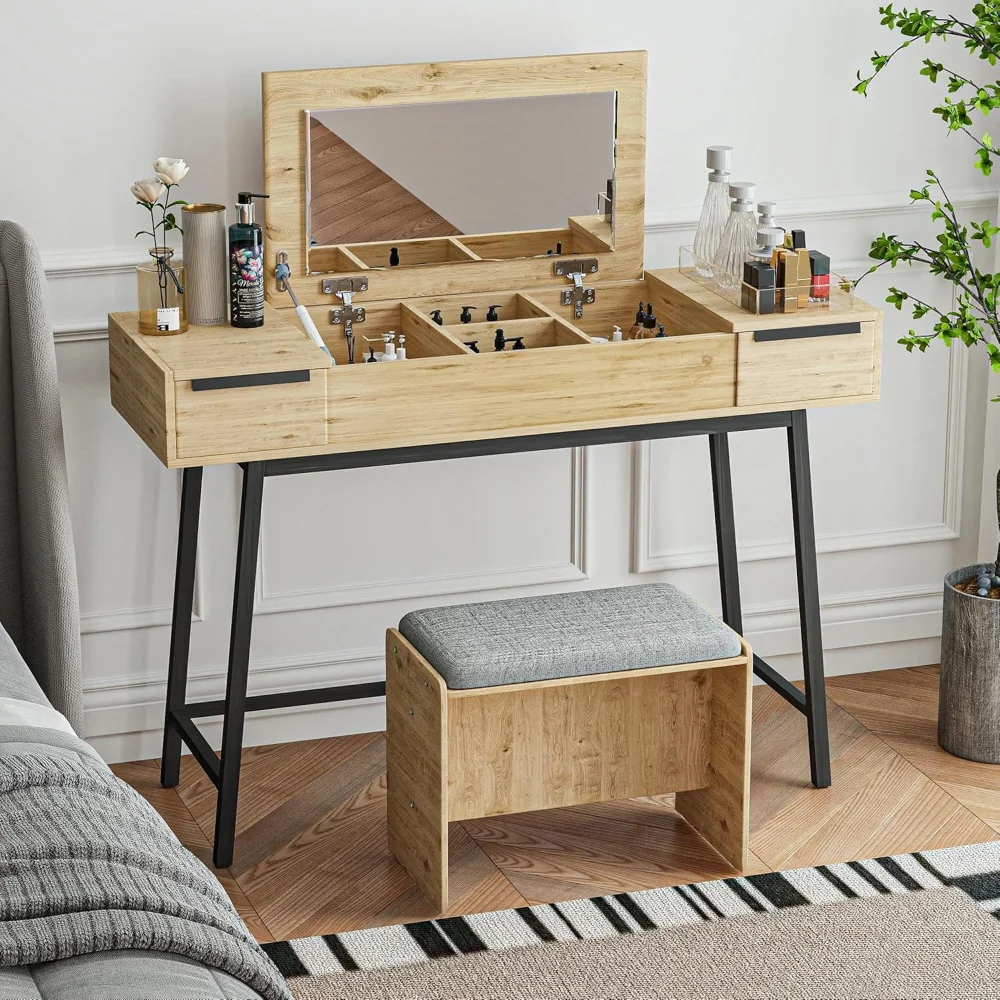 Vanity Desk Set with Flip Top Mirror and bench, Wood Makeup Table with Drawers and Storage Space
Vanity Desk Set with Flip Top Mirror and bench, Wood Makeup Table with Drawers and Storage Space