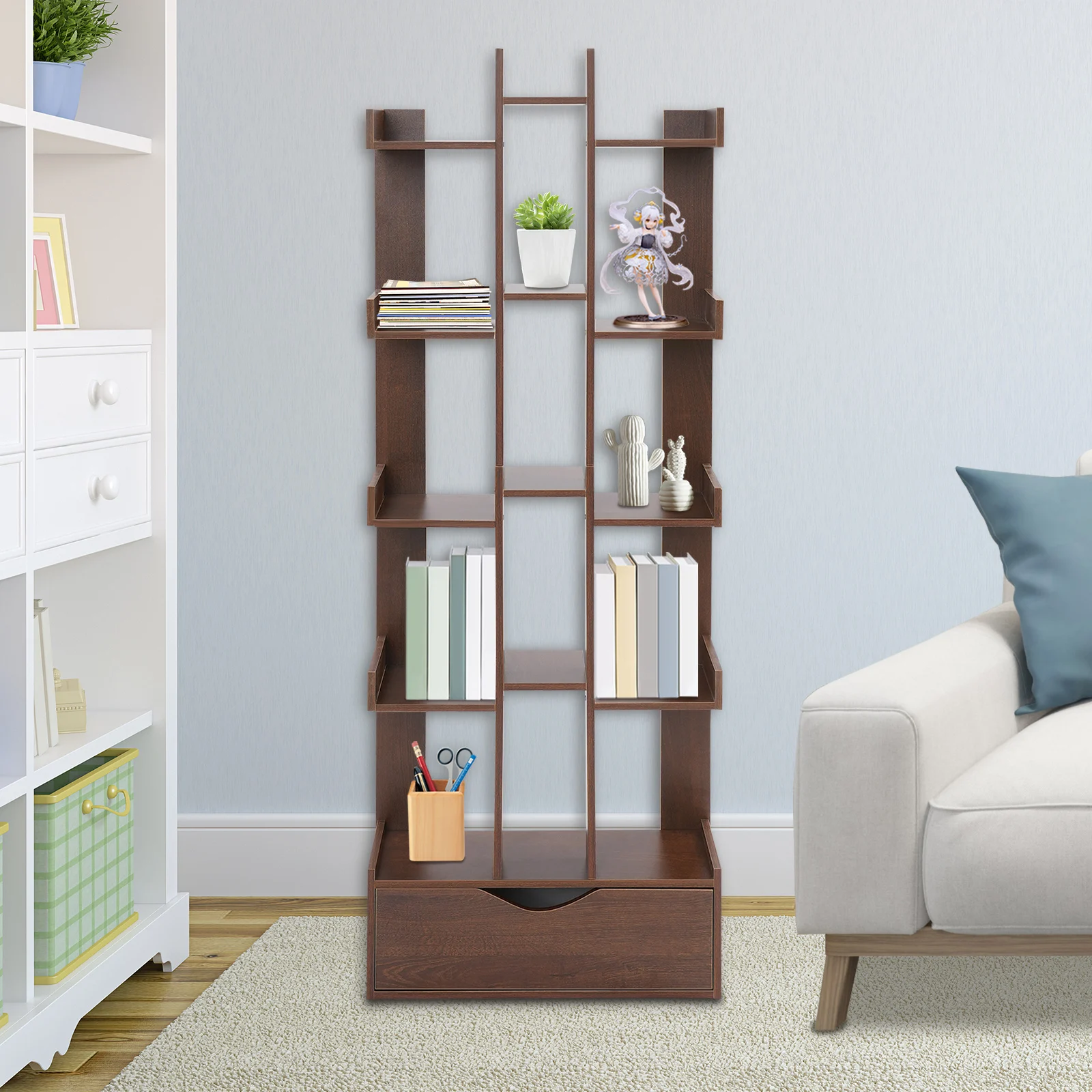 20*7*55.9 Inch Modern Style Dark Oak Color Bookcase, 15-Compartment Floor Standing Bookcase with Cabinet
20*7*55.9 Inch Modern Style Dark Oak Color Bookcase, 15-Compartment Floor Standing Bookcase with Cabinet