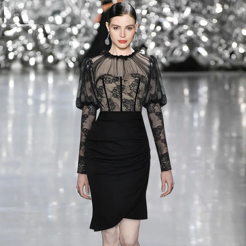 2023 Fashion Designer Spring Women's Lace See-Through Puff Sleeve Sexy Package Hip Asymmetrical Black Dresses
2023 Fashion Designer Spring Women's Lace See-Through Puff Sleeve Sexy Package Hip Asymmetrical Black Dresses