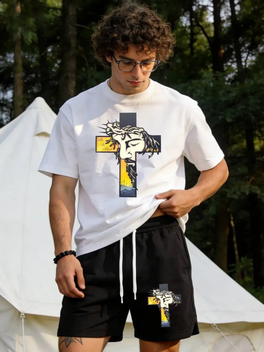Mens He Is Risen Jesus Cross White T-Shirt And Black Shorts Set Casual Two-Piece Outfit
Mens He Is Risen Jesus Cross White T-Shirt And Black Shorts Set Casual Two-Piece Outfit