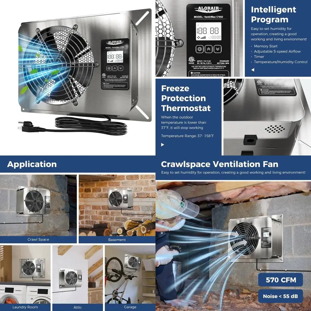 Digital Control 570 CFM Stainless Steel Crawl Space Ventilator Fan with IP55 Rating, Ideal for Basement, Garage, Attic
Digital Control 570 CFM Stainless Steel Crawl Space Ventilator Fan with IP55 Rating, Ideal for Basement, Garage, Attic