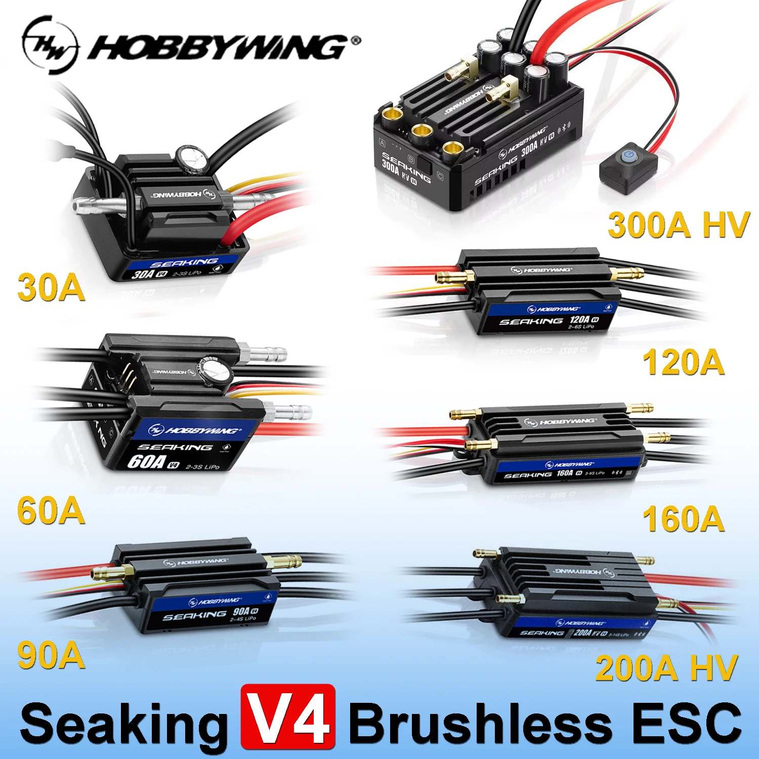 Hobbywing Seaking 30A 60A 90A 120A 160A 200A HV 300A HV V4 Series Waterproof Brushless ESC for RC Model Boat Ship Upgrade Parts
Hobbywing Seaking 30A 60A 90A 120A 160A 200A HV 300A HV V4 Series Waterproof Brushless ESC for RC Model Boat Ship Upgrade Parts