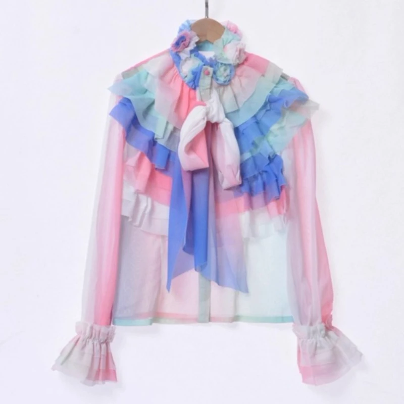 Retro Woman Stand Collar Layered Ruffles Chiffon Shirts Tie-dye Floral Mesh Lotus Bowtie Blouses Long Flare Sleeve Cardigan Tops
Retro Woman Stand Collar Layered Ruffles Chiffon Shirts Tie-dye Floral Mesh Lotus Bowtie Blouses Long Flare Sleeve Cardigan Tops