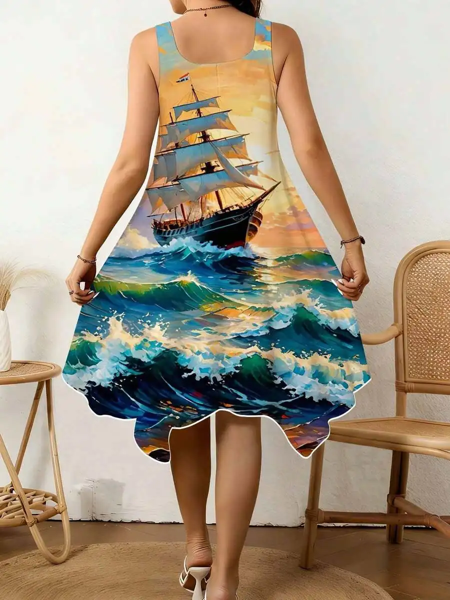 Women V Neck Irregular Hem Dress With Sailboat Ocean Wave Print Summer Beach Vacation Outfit
Women V Neck Irregular Hem Dress With Sailboat Ocean Wave Print Summer Beach Vacation Outfit