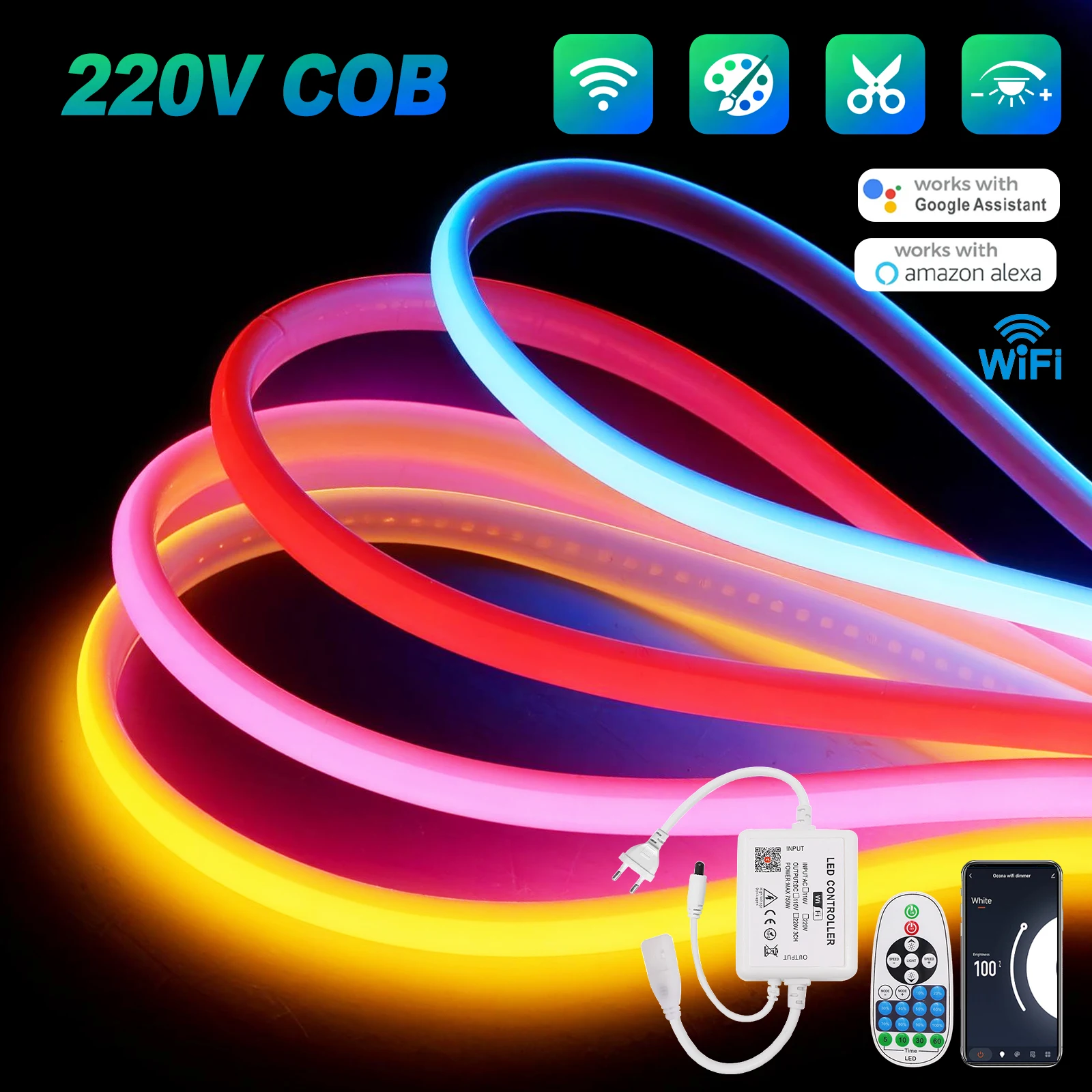 WIFI Dimmerable AC 220V COB Strip Red/Ice Blue/Pink/Yellow/Green/Pink/White Waterproof LED Neon Light Works with Amazon Alexa
WIFI Dimmerable AC 220V COB Strip Red/Ice Blue/Pink/Yellow/Green/Pink/White Waterproof LED Neon Light Works with Amazon Alexa