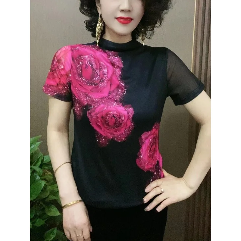 Women Clothing Summer Stylish Vintage Flower Print Elegant Chic T Shirt Sexy See Through Mesh Short Sleeve Slim Fit Basic Tops
Women Clothing Summer Stylish Vintage Flower Print Elegant Chic T Shirt Sexy See Through Mesh Short Sleeve Slim Fit Basic Tops