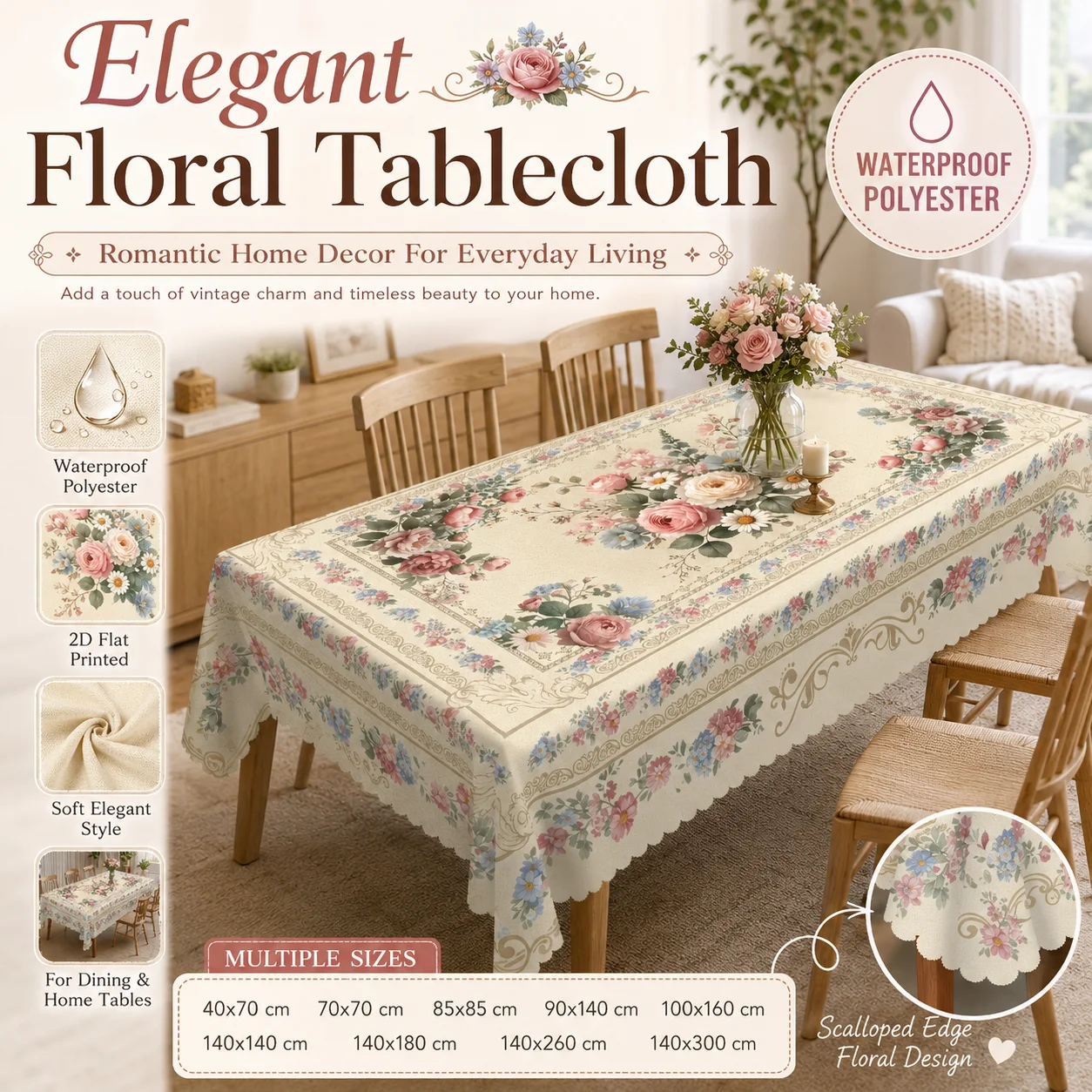 Waterproof Polyester Romantic Floral Tablecloth 2D Flat Printed Scalloped Edge Table Cover For Wedding Party Home Dining
Waterproof Polyester Romantic Floral Tablecloth 2D Flat Printed Scalloped Edge Table Cover For Wedding Party Home Dining