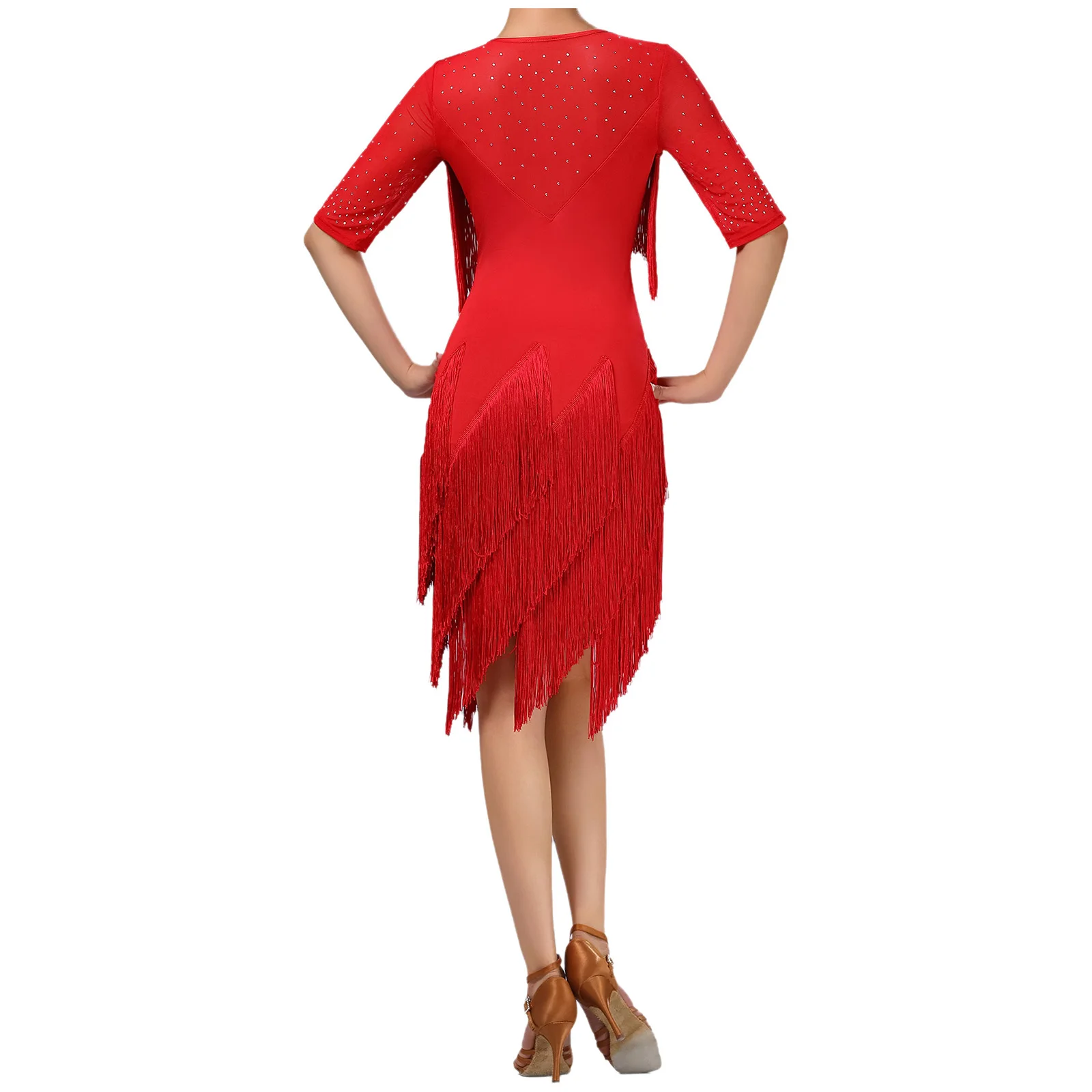 Women Latin Dance Costume Glittery Rhinestone Tassel Fringe Mesh Patchwork Sleeves Latin Dance Dress for Samba Rumba Performance
Women Latin Dance Costume Glittery Rhinestone Tassel Fringe Mesh Patchwork Sleeves Latin Dance Dress for Samba Rumba Performance