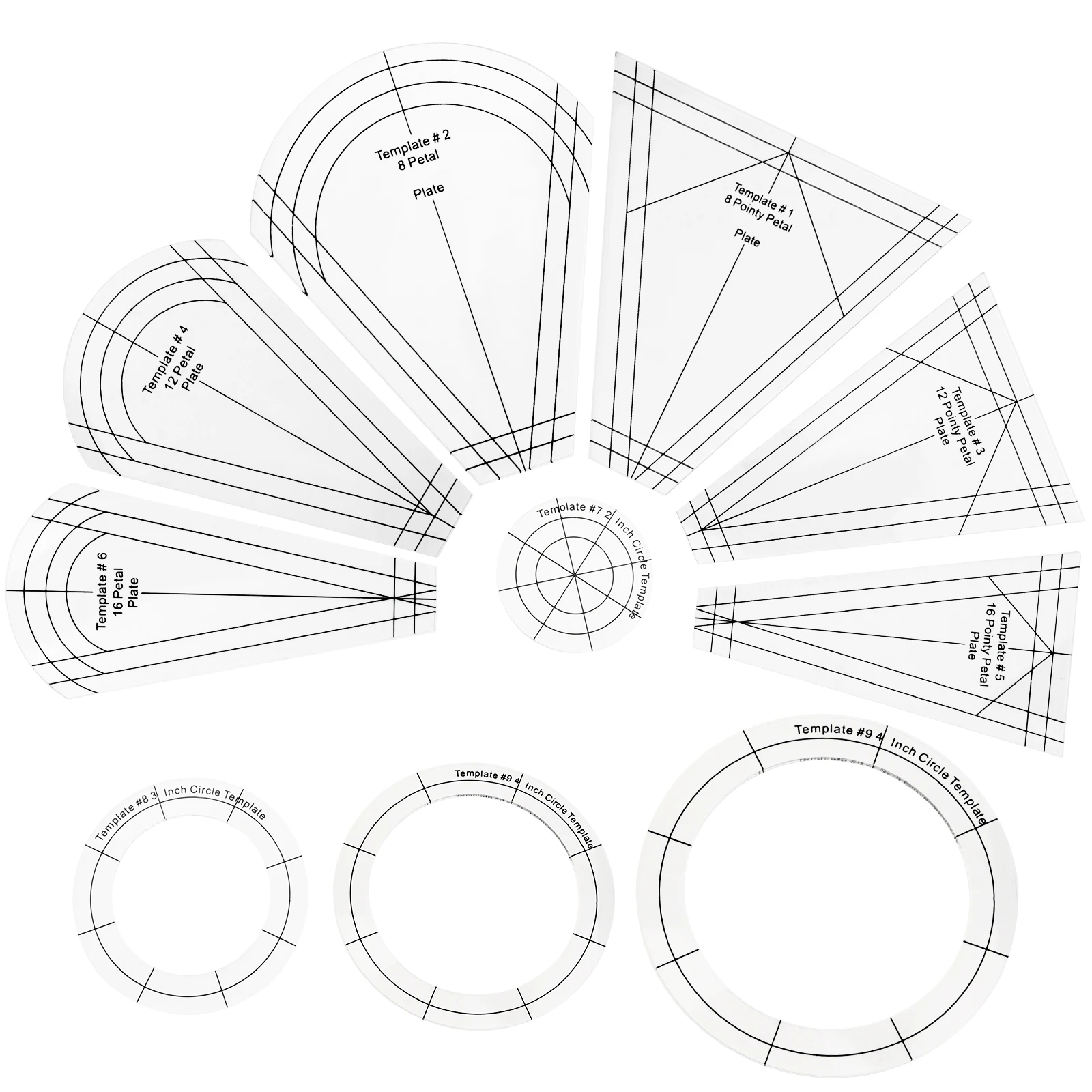 10pcs Acrylic Multifunctional DIY Quilting Ruler Plate Quilt Template Set 8/12/16 Petal Blocks Shape Sewing Patchwork Ruler
10pcs Acrylic Multifunctional DIY Quilting Ruler Plate Quilt Template Set 8/12/16 Petal Blocks Shape Sewing Patchwork Ruler