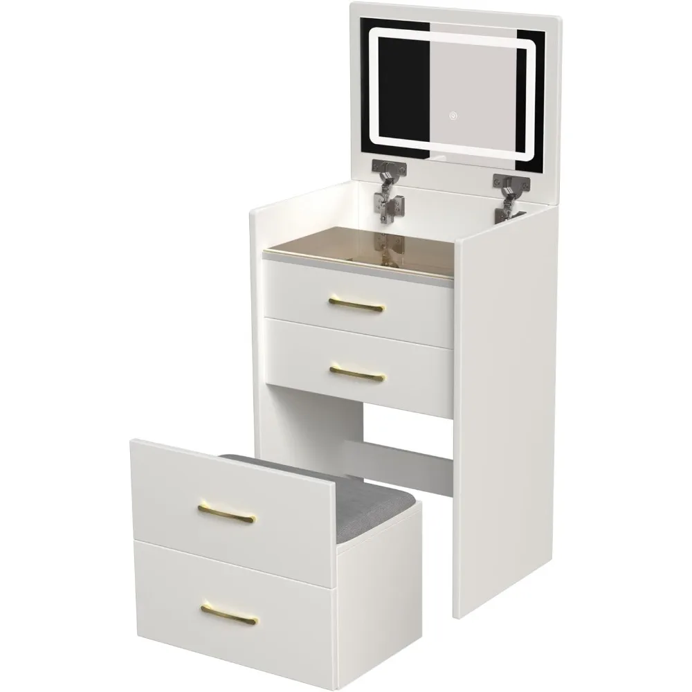 Three in one vanity with open top mirror and a small vanity with visible glass tabletop
Three in one vanity with open top mirror and a small vanity with visible glass tabletop