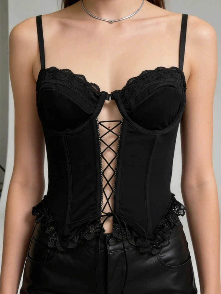 Foamlina Sexy Black Lace Trim Tie Up Corset Bustier Women's Spaghetti Strap Sleeveless Slim Crop Cami Y2K Club Party Tank Top
Foamlina Sexy Black Lace Trim Tie Up Corset Bustier Women's Spaghetti Strap Sleeveless Slim Crop Cami Y2K Club Party Tank Top