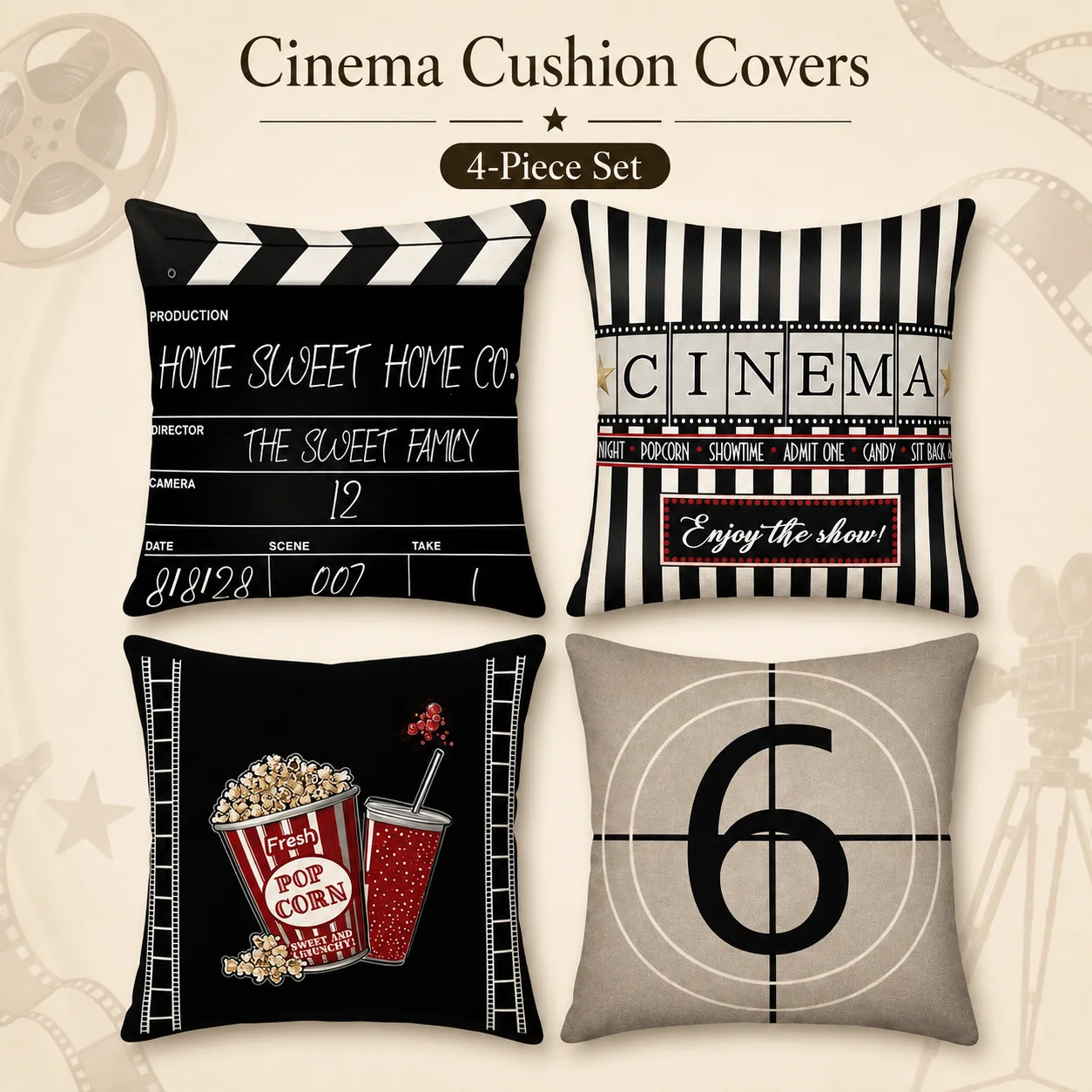 4 PCS Cinema Cushion Covers 2D Flat Printed Peach Skin Pillow Covers Room Decor Coussin For Home Theater Sofa Bedroom Decor
4 PCS Cinema Cushion Covers 2D Flat Printed Peach Skin Pillow Covers Room Decor Coussin For Home Theater Sofa Bedroom Decor