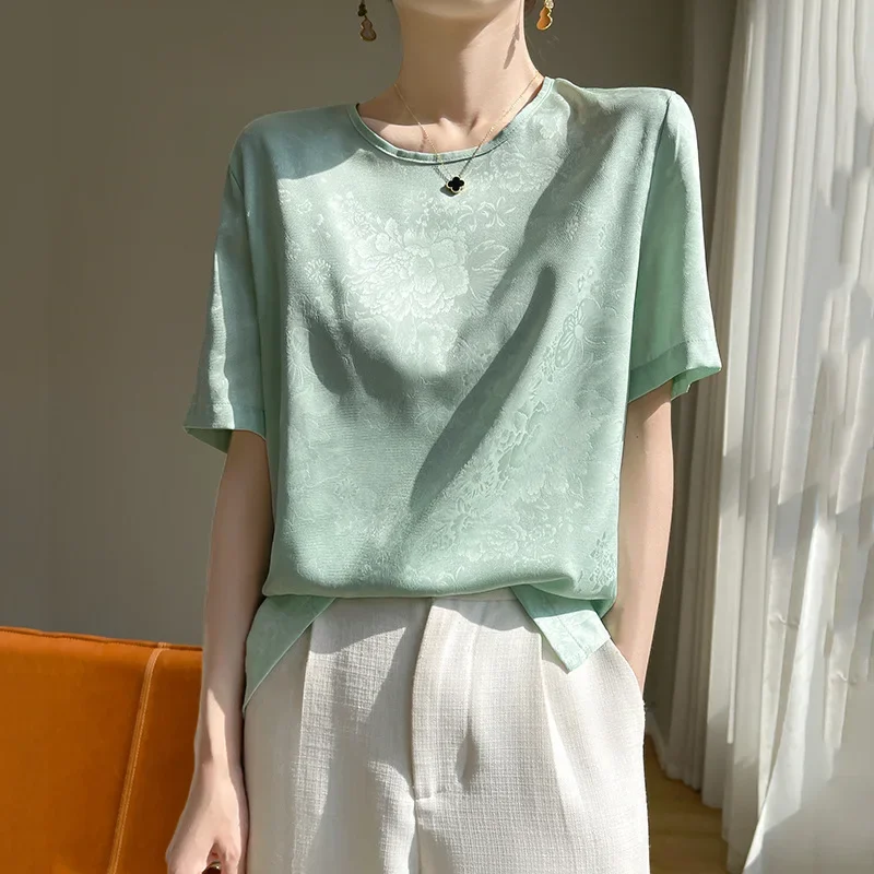Summer Satin Vintage Women's Shirts Pullover Short Sleeve Tees Casual O-Neck Acetate T-shirt Breathable Artificial Silk Thin Top
Summer Satin Vintage Women's Shirts Pullover Short Sleeve Tees Casual O-Neck Acetate T-shirt Breathable Artificial Silk Thin Top