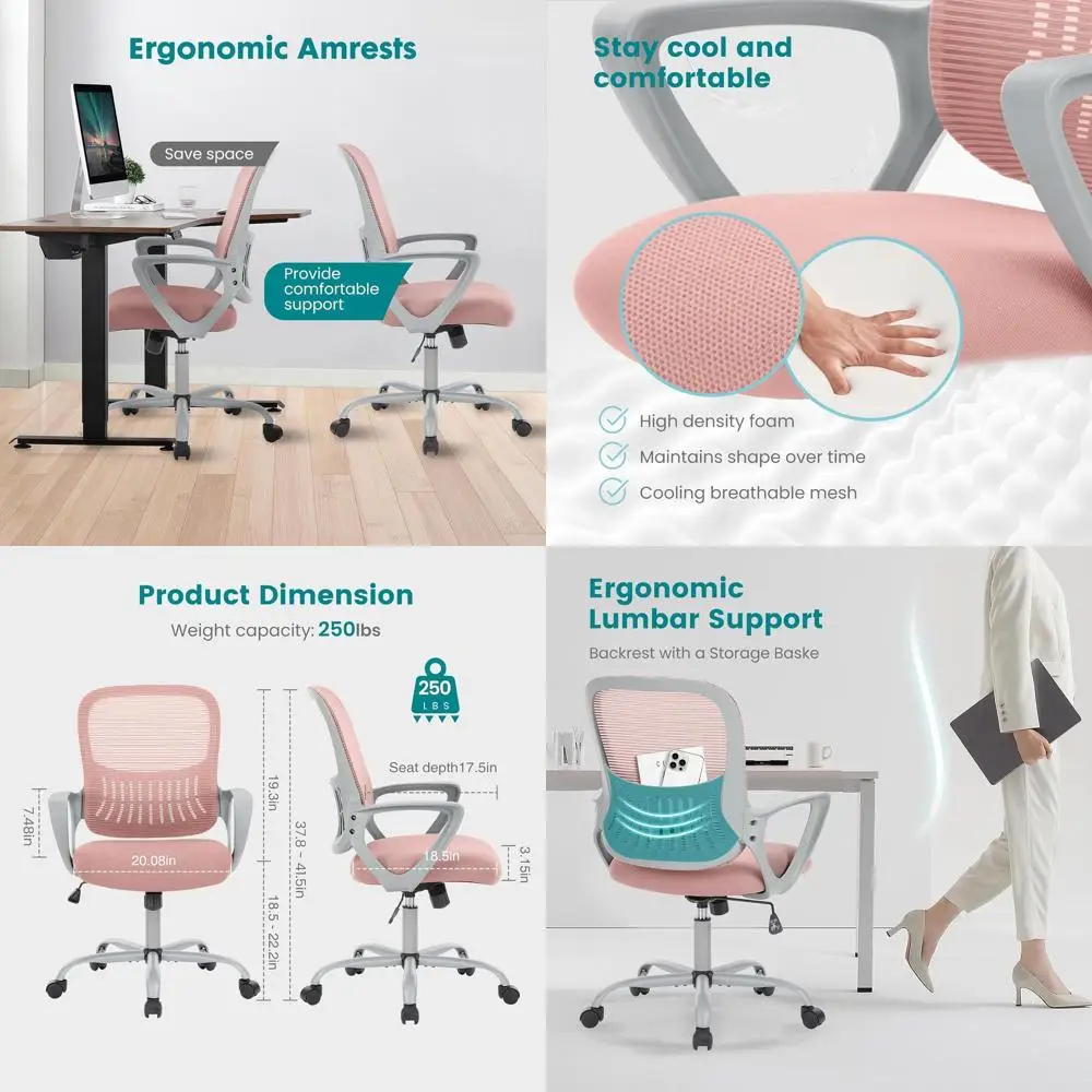Ergonomic Lumbar Support Office Chair with Swivel, Adjustable Height, Fixed Armrests, for Computer, Gaming, Meetings, Pink
Ergonomic Lumbar Support Office Chair with Swivel, Adjustable Height, Fixed Armrests, for Computer, Gaming, Meetings, Pink