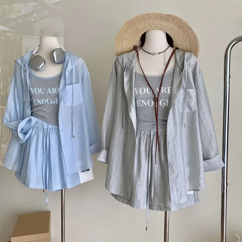Korean Summer Casual Three Piece Set Hooded Sun Protection Shirt Letter Print Camisole High Waist Shorts Daily Outfit
Korean Summer Casual Three Piece Set Hooded Sun Protection Shirt Letter Print Camisole High Waist Shorts Daily Outfit