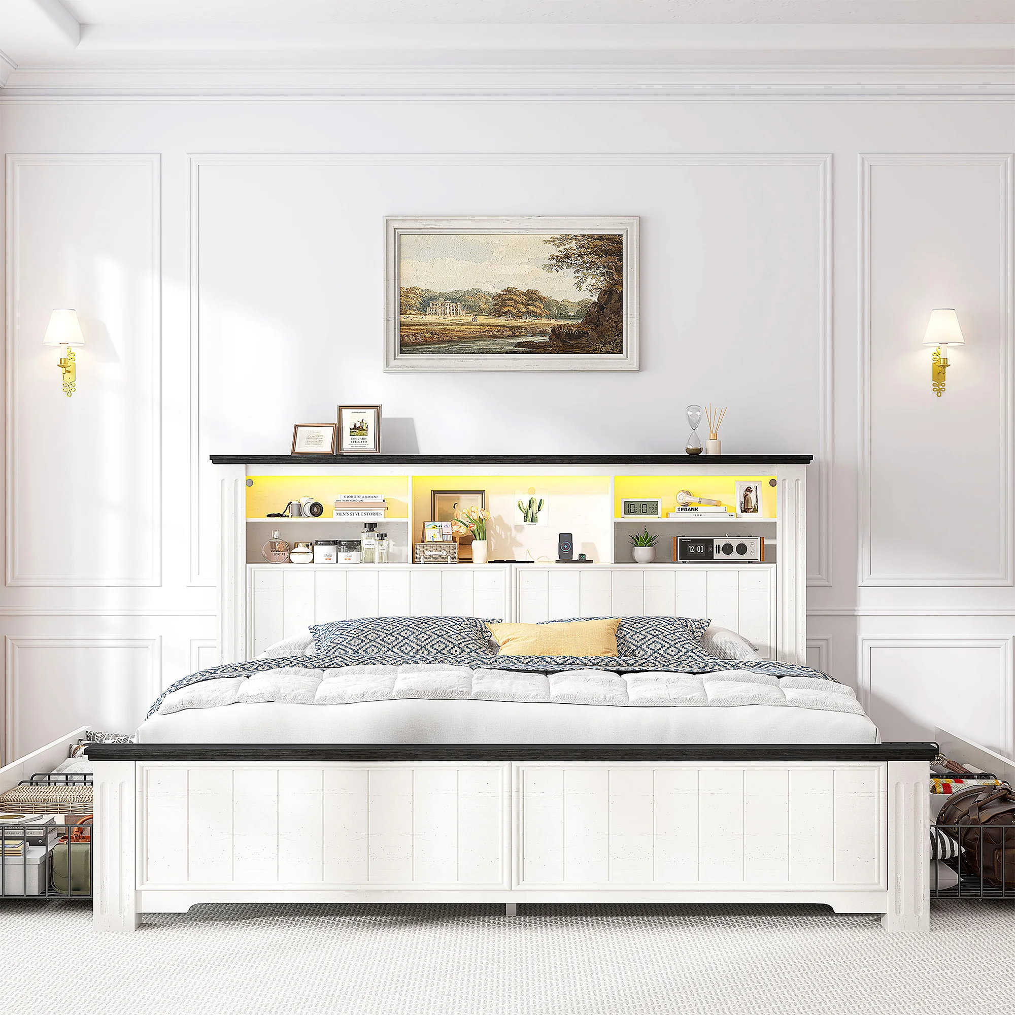 EnHomee Bed Frame with 4 Drawers & Bookcase Headboard Farmhouse Platform Bed with LED Lights and Charging Station No Noise
EnHomee Bed Frame with 4 Drawers & Bookcase Headboard Farmhouse Platform Bed with LED Lights and Charging Station No Noise