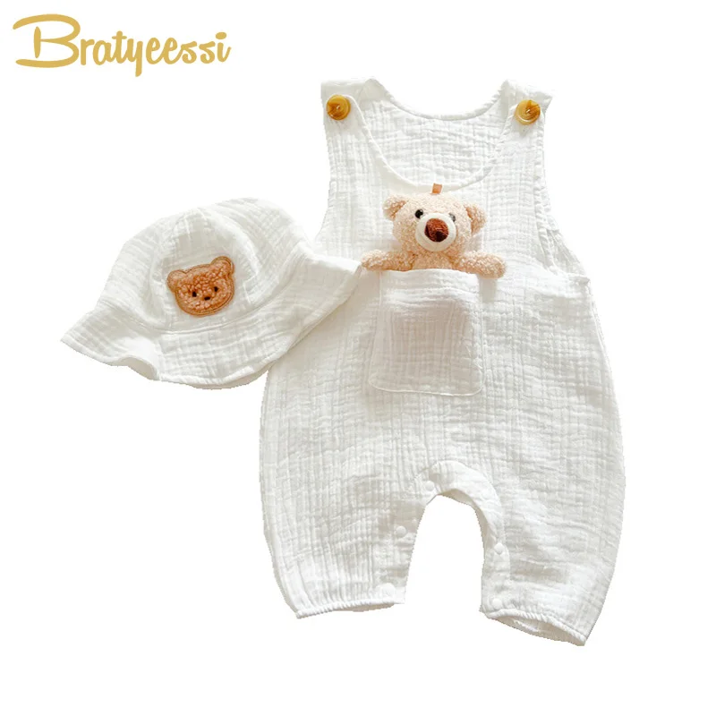Bear Baby Romper Hat Set Muslin Kids Jumpsuits Infant Girl Boy Clothes White Summer Baby Coats Toddler Outfit Suit 0-2T
Bear Baby Romper Hat Set Muslin Kids Jumpsuits Infant Girl Boy Clothes White Summer Baby Coats Toddler Outfit Suit 0-2T