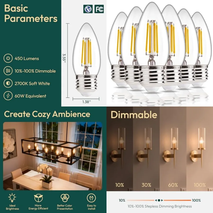 6 Pack Chandelier Light Bulbs 60W Equivalent, E26 Edison Bulb, 450LM Dimmable LED Light Bulb, 2700K Soft White, B11 Type, 4.5W,
6 Pack Chandelier Light Bulbs 60W Equivalent, E26 Edison Bulb, 450LM Dimmable LED Light Bulb, 2700K Soft White, B11 Type, 4.5W,