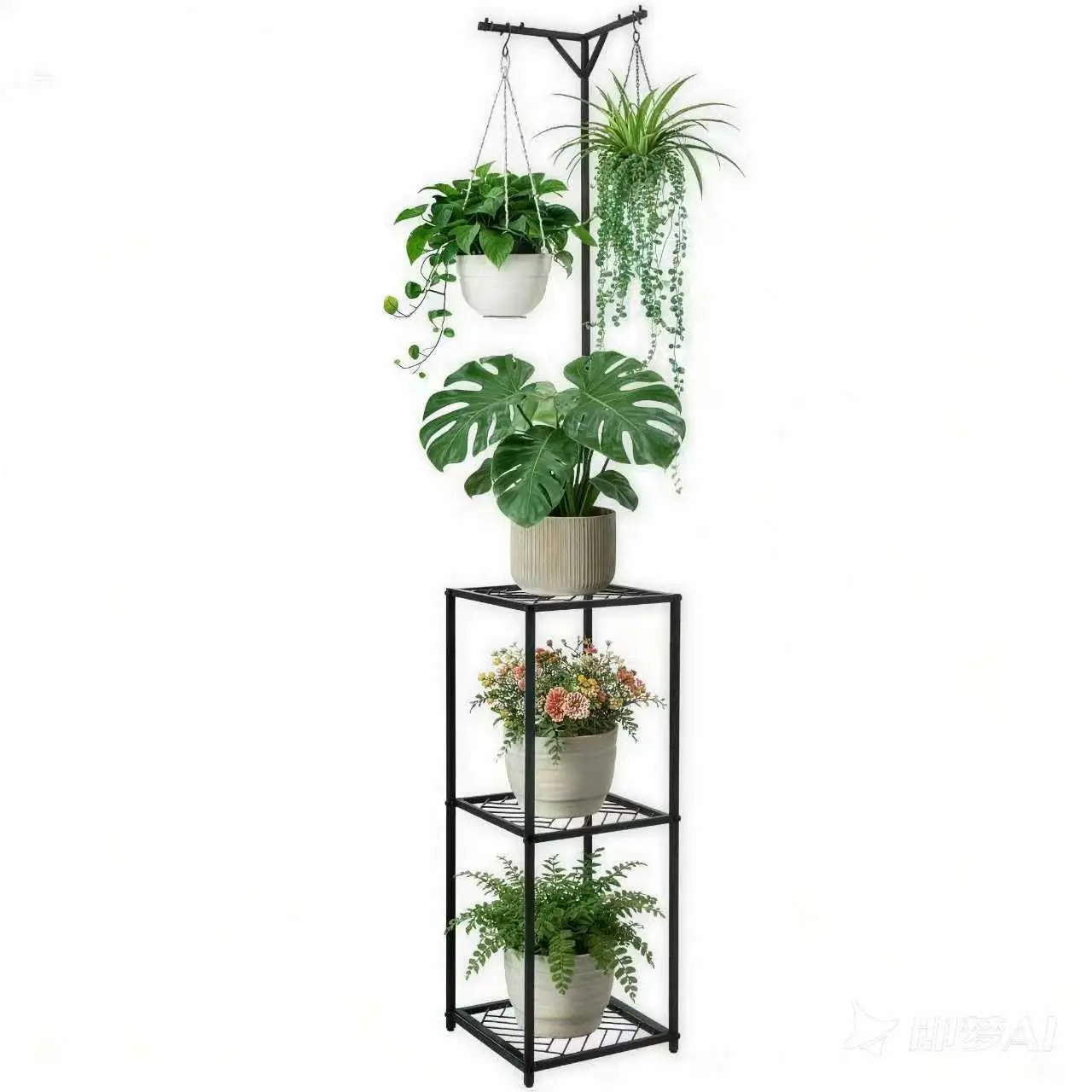 Three Tier Black Metal Plant Stand With Hanging Hooks For Indoor Outdoor Corner Space Saving
Three Tier Black Metal Plant Stand With Hanging Hooks For Indoor Outdoor Corner Space Saving