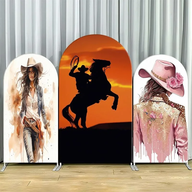 Single Side Arch Backdrop Cover Western Cowboy Theme Party Backdrop Set Featuring Rancher Woman Silhouette Sunset Rider and Pink
Single Side Arch Backdrop Cover Western Cowboy Theme Party Backdrop Set Featuring Rancher Woman Silhouette Sunset Rider and Pink