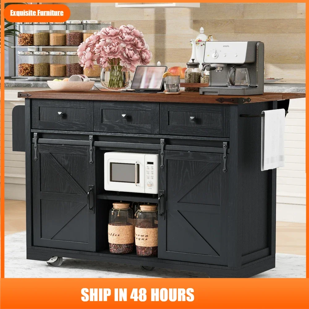 53.7" Farmhouse Kitchen Island with Power Outlet, 2 Sliding Barn Door Kitchen Storage Island with Drop Leaf, Spice Rack Rolling
53.7" Farmhouse Kitchen Island with Power Outlet, 2 Sliding Barn Door Kitchen Storage Island with Drop Leaf, Spice Rack Rolling