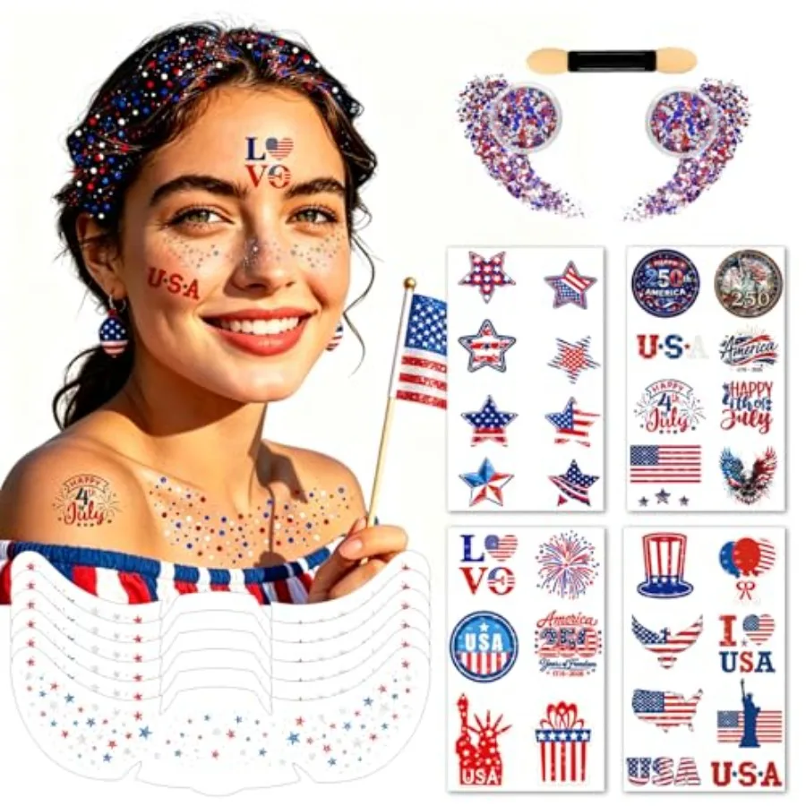 4th of July Freckles Red White and Blue Hair Body Glitter Gel Fourth of July Tattoos Temporary for Patriotic Face Stickers Wome
4th of July Freckles Red White and Blue Hair Body Glitter Gel Fourth of July Tattoos Temporary for Patriotic Face Stickers Wome