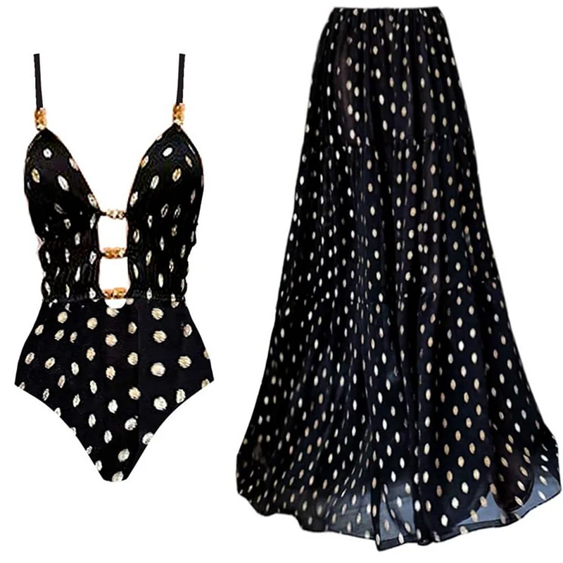 2Pcs Set Women Sexy Black and Gold Polka Dots Sleeveless Backless Deep V Swimsuit Halter Neck Cami Crop Top Bodysuit Beachwear
2Pcs Set Women Sexy Black and Gold Polka Dots Sleeveless Backless Deep V Swimsuit Halter Neck Cami Crop Top Bodysuit Beachwear