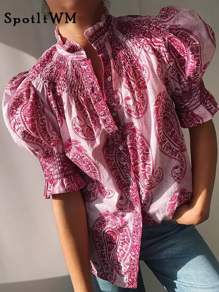 Fashion Ethnic Print Pleated Tops For Women Chic Stand Neck Short Puff Sleeve Buttons Shirt 2024 Spring Lady Elegant Streetwear
Fashion Ethnic Print Pleated Tops For Women Chic Stand Neck Short Puff Sleeve Buttons Shirt 2024 Spring Lady Elegant Streetwear