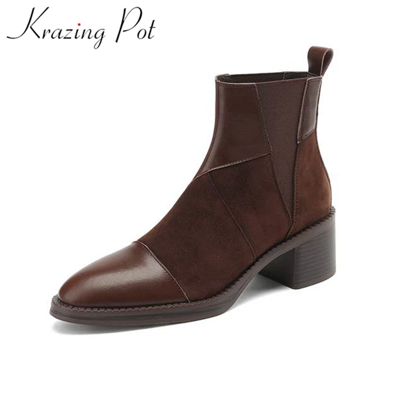 Krazing Pot 2023 Cow Leather Round Toe Thick High Heels Winter Keep Warm Modern Boots Slip On Patch Work Office Lady Ankle Boots
Krazing Pot 2023 Cow Leather Round Toe Thick High Heels Winter Keep Warm Modern Boots Slip On Patch Work Office Lady Ankle Boots