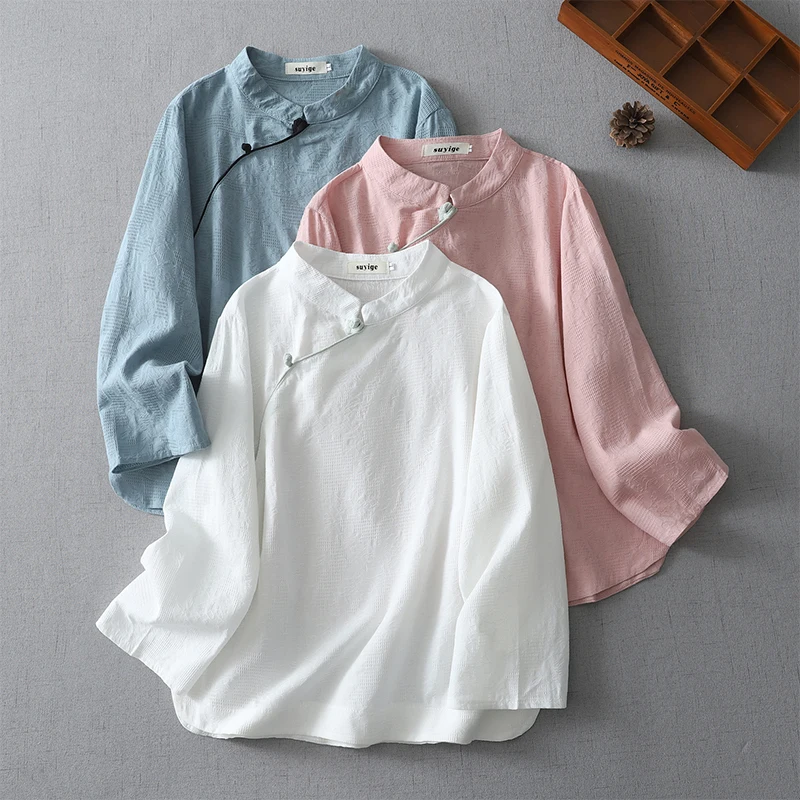 Women's Cotton Linen Shirt Thin Stand Collar Side Slit Traditional Chinese Style Top Vintage Zen Tea Clothing Ethnic Fashion
Women's Cotton Linen Shirt Thin Stand Collar Side Slit Traditional Chinese Style Top Vintage Zen Tea Clothing Ethnic Fashion
