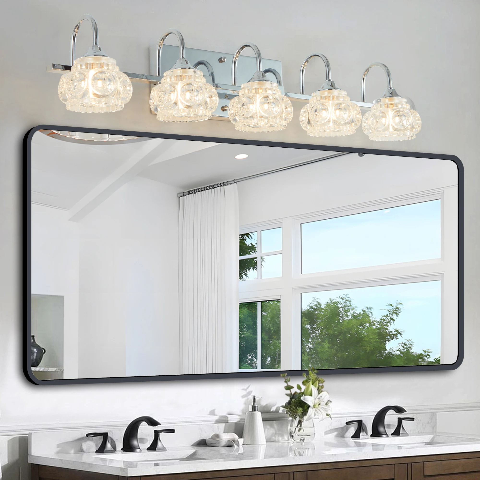 Brushed Nickel Finish Vintage Crystal Vanity Light,Elegant 5-Light Bathroom Mirror Fixture with Clear Glass Shades (No Bulbs)
Brushed Nickel Finish Vintage Crystal Vanity Light,Elegant 5-Light Bathroom Mirror Fixture with Clear Glass Shades (No Bulbs)