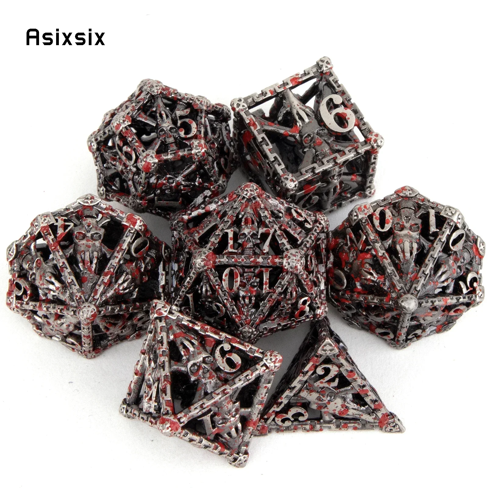 7 Pcs Silver Red Hand Skull Head Metal Dice Hollow Metal Polyhedral Dice Set Suitable for Role-Playing RPG Board Game Gift
7 Pcs Silver Red Hand Skull Head Metal Dice Hollow Metal Polyhedral Dice Set Suitable for Role-Playing RPG Board Game Gift