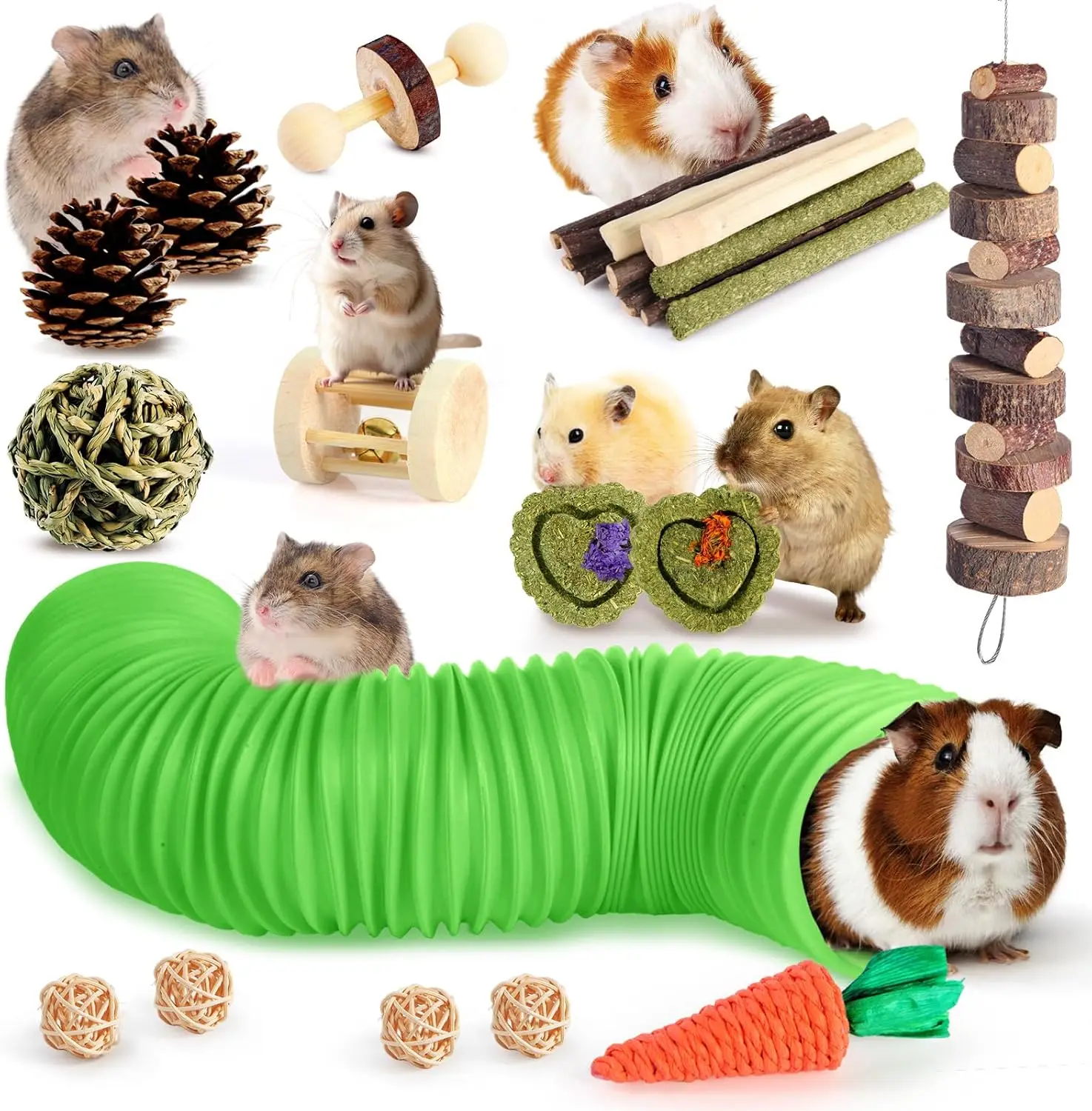 Hamster & Guinea Pig Toys Set with Tunnel, Chewable Wood & Hay - 24+ Cage Accessories for Teeth Care & Boredom Relief
Hamster & Guinea Pig Toys Set with Tunnel, Chewable Wood & Hay - 24+ Cage Accessories for Teeth Care & Boredom Relief