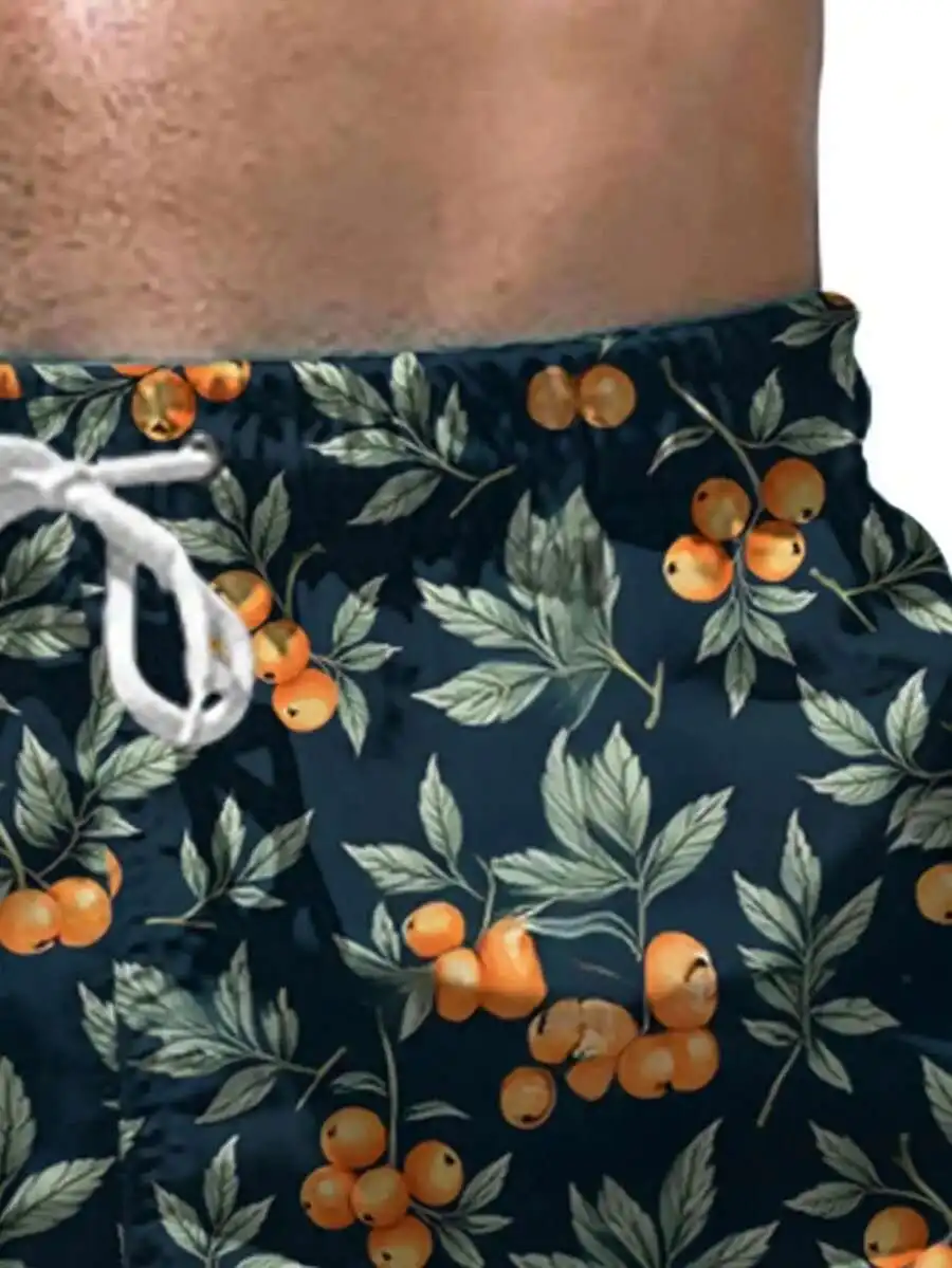 Mens Dark Blue Swim Shorts Featuring 3D Orange Fruit And Green Leaf Pattern, Lightweight With Elastic Drawstring Waist
Mens Dark Blue Swim Shorts Featuring 3D Orange Fruit And Green Leaf Pattern, Lightweight With Elastic Drawstring Waist