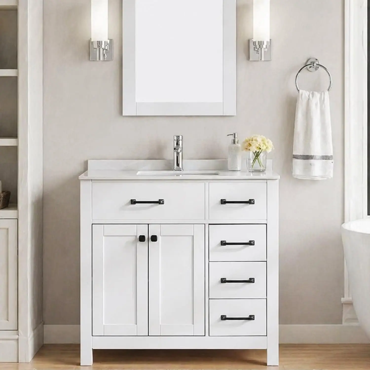 36" Bathroom Vanity Cabinet Man-Made Stone Countertop Undermount Ceramic Sink Chrome Faucet Drain Mirror Set White, Customized
36" Bathroom Vanity Cabinet Man-Made Stone Countertop Undermount Ceramic Sink Chrome Faucet Drain Mirror Set White, Customized