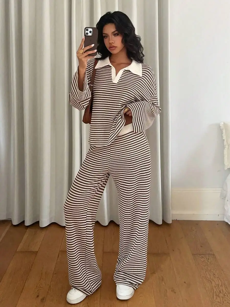 Womens Loose Striped V-Neck Drop Shoulder Long Sleeve Top And Elastic Waist Pants Two Piece Set Casual Autumn Winter
Womens Loose Striped V-Neck Drop Shoulder Long Sleeve Top And Elastic Waist Pants Two Piece Set Casual Autumn Winter