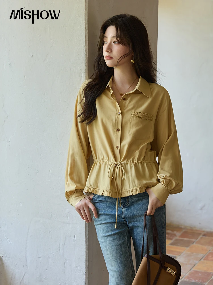 MISHOW Autumn French Drawstring Waist Shirt 2025 Yellow Hem Lotus Leaf Top Female Lapel Lantern Sleeve Commuter Shirt MXE42C2368
MISHOW Autumn French Drawstring Waist Shirt 2025 Yellow Hem Lotus Leaf Top Female Lapel Lantern Sleeve Commuter Shirt MXE42C2368