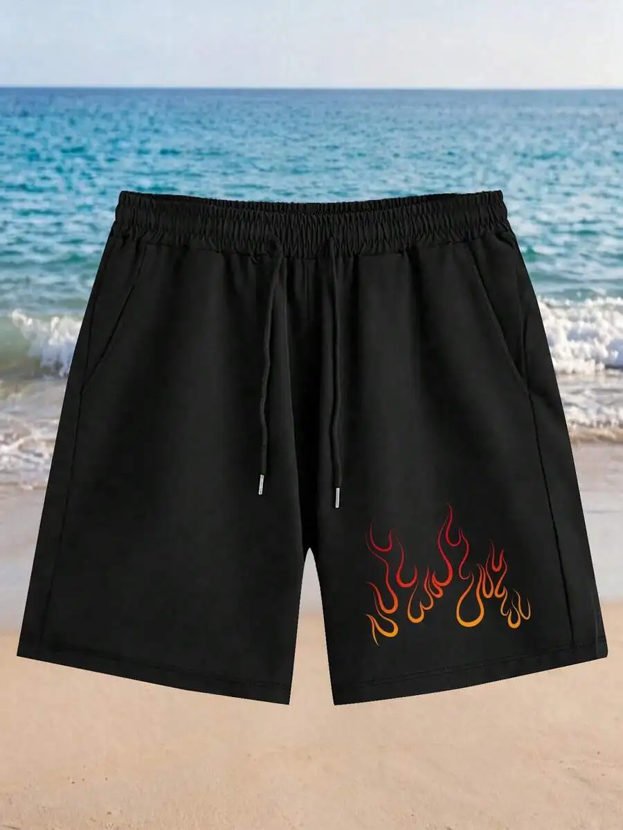 Mens Casual Polyester Shorts With Flame Print, Elastic Waist Drawstring, Breathable For Summer Streetwear
Mens Casual Polyester Shorts With Flame Print, Elastic Waist Drawstring, Breathable For Summer Streetwear