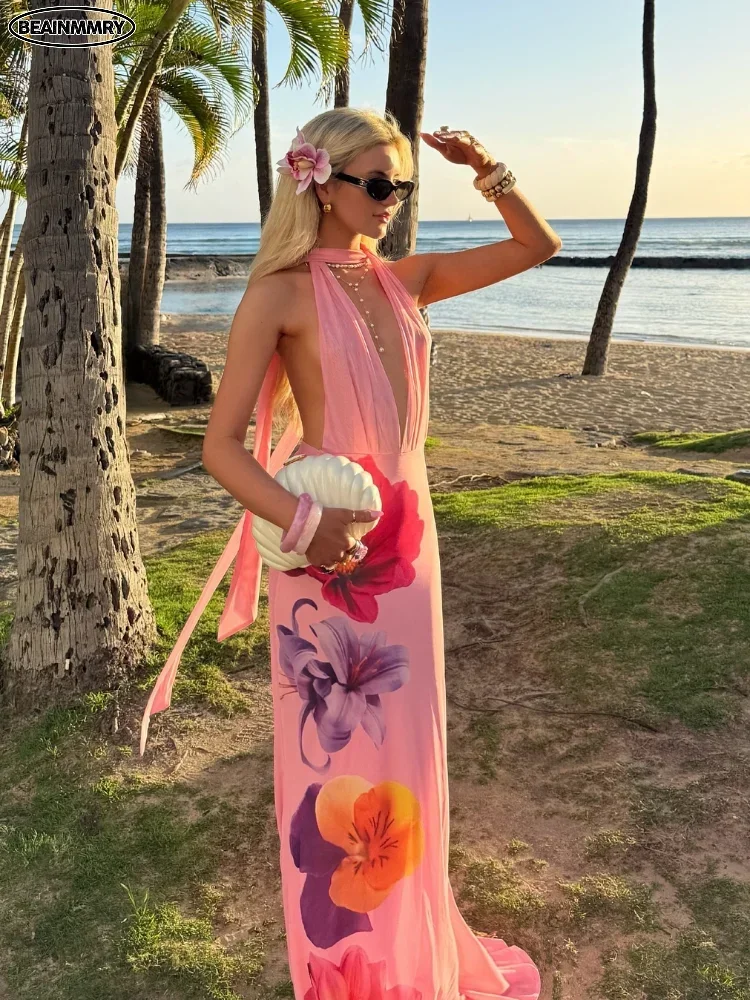 Summer Beach Vacation Vestidos New Women's Elegant Lace Up Backless Long Dresses Lady V Neck Sleeveless Printed Summer Gown
Summer Beach Vacation Vestidos New Women's Elegant Lace Up Backless Long Dresses Lady V Neck Sleeveless Printed Summer Gown