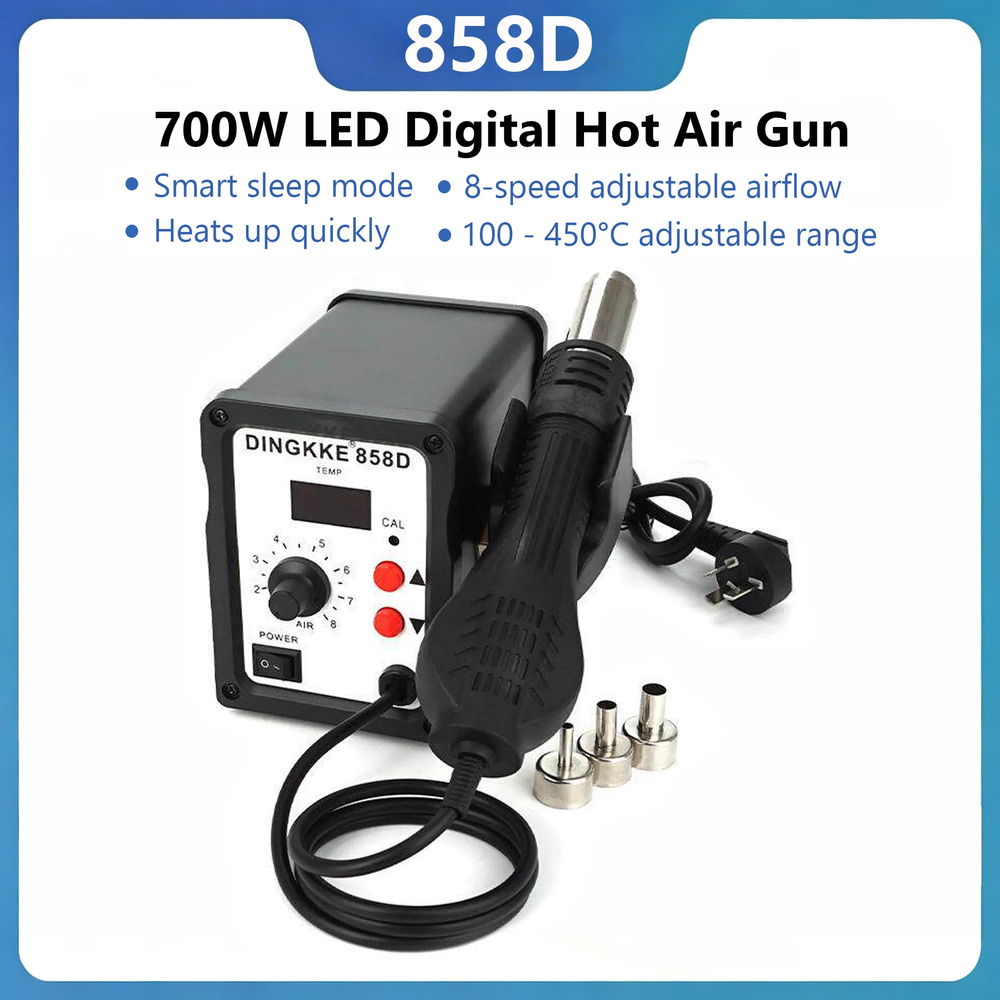 858D 700W LED Digital 100-450℃ Hot Air Gun Heat Blower 110V 220V BGA Rework SMD SMT Welding Repair Tool Heat Gun
858D 700W LED Digital 100-450℃ Hot Air Gun Heat Blower 110V 220V BGA Rework SMD SMT Welding Repair Tool Heat Gun