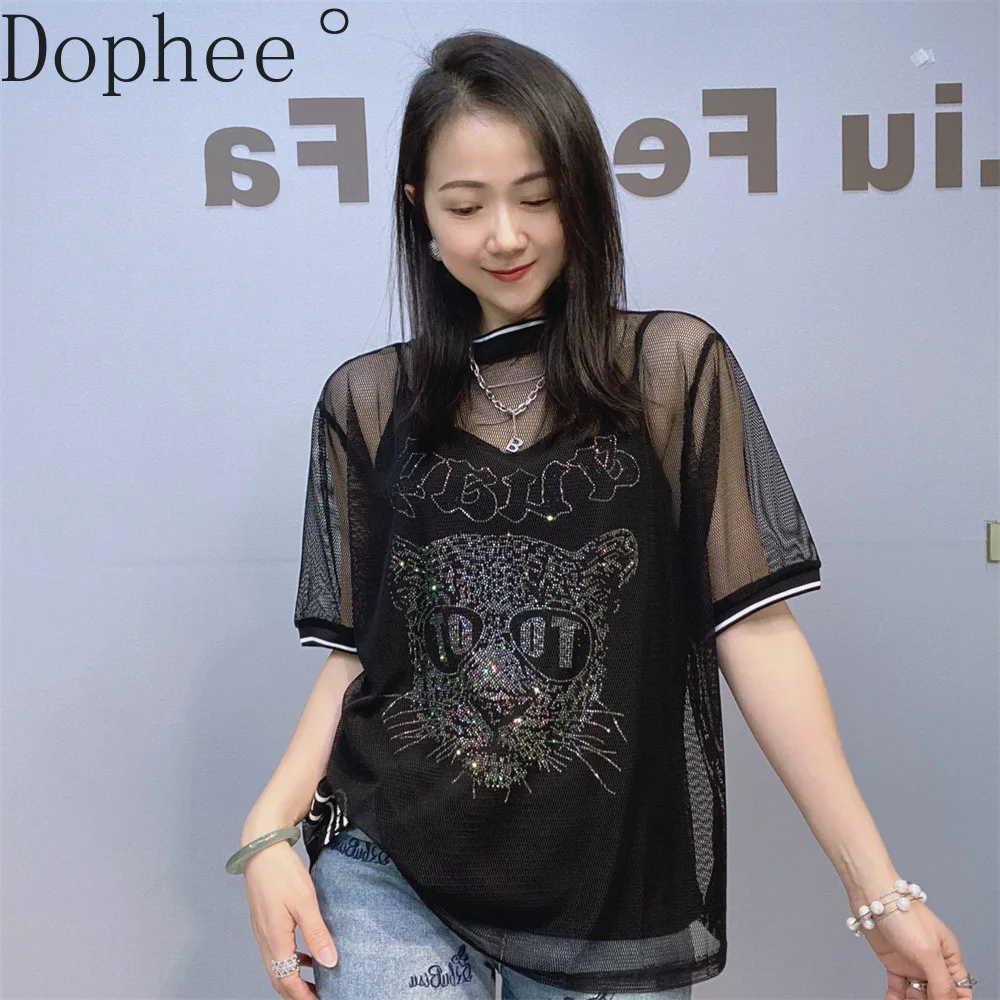 Euro-American Style Perspective Mesh Short Sleeve T-shirt Leopard Hot Drilling Summer Women Tanks Top Fashion Loose Lady Sets
Euro-American Style Perspective Mesh Short Sleeve T-shirt Leopard Hot Drilling Summer Women Tanks Top Fashion Loose Lady Sets