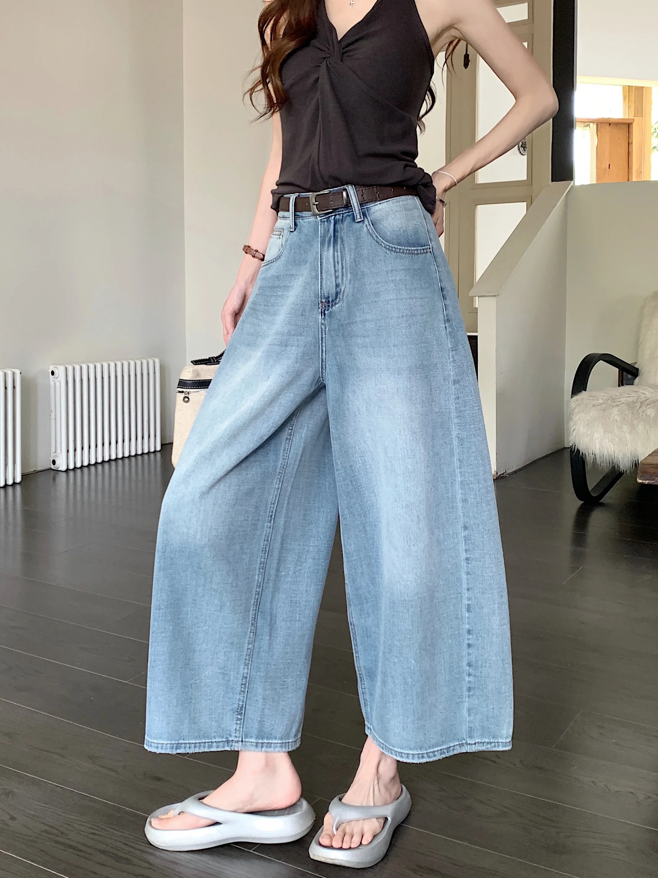 Blue Faded High Waist Wide Leg Jeans Women's Casual Style Summer Slimming Nine Point Pants Loose Fit Denim Skinnies
Blue Faded High Waist Wide Leg Jeans Women's Casual Style Summer Slimming Nine Point Pants Loose Fit Denim Skinnies