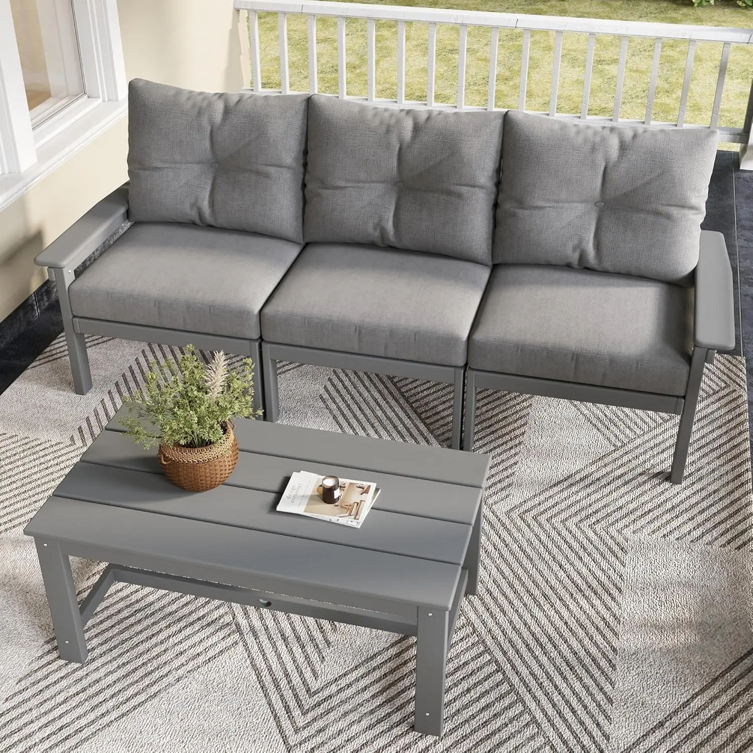 Grey HDPE Patio Sofa Set, 4-Piece Sectional Outdoor Patio Furniture Set, All Weather Outdoor Couch Set with Coffee, Customized
Grey HDPE Patio Sofa Set, 4-Piece Sectional Outdoor Patio Furniture Set, All Weather Outdoor Couch Set with Coffee, Customized
