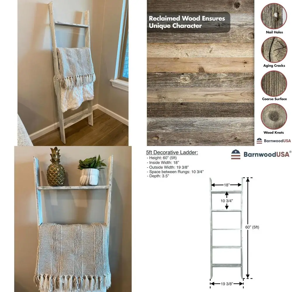 Rustic Reclaimed Wood Throw Blanket Ladder - 5' x 18 White, Perfect for Home Decor, Bathroom, Porch, Living Room
Rustic Reclaimed Wood Throw Blanket Ladder - 5' x 18 White, Perfect for Home Decor, Bathroom, Porch, Living Room