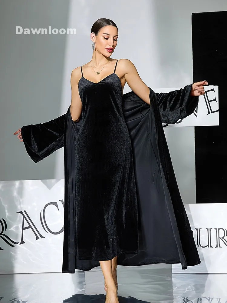Women's Black Velvet Slip Dress And Long Robe Two-Piece Set Luxury Vintage Elegant Home Loungewear for Autumn Winter
Women's Black Velvet Slip Dress And Long Robe Two-Piece Set Luxury Vintage Elegant Home Loungewear for Autumn Winter