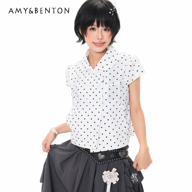 Korean Girl Design Polka Dot Women's Short-sleeved Shirts 2026 Summer New White Shirt Doll Collar Y2k Loose Short Top Ladies
Korean Girl Design Polka Dot Women's Short-sleeved Shirts 2026 Summer New White Shirt Doll Collar Y2k Loose Short Top Ladies