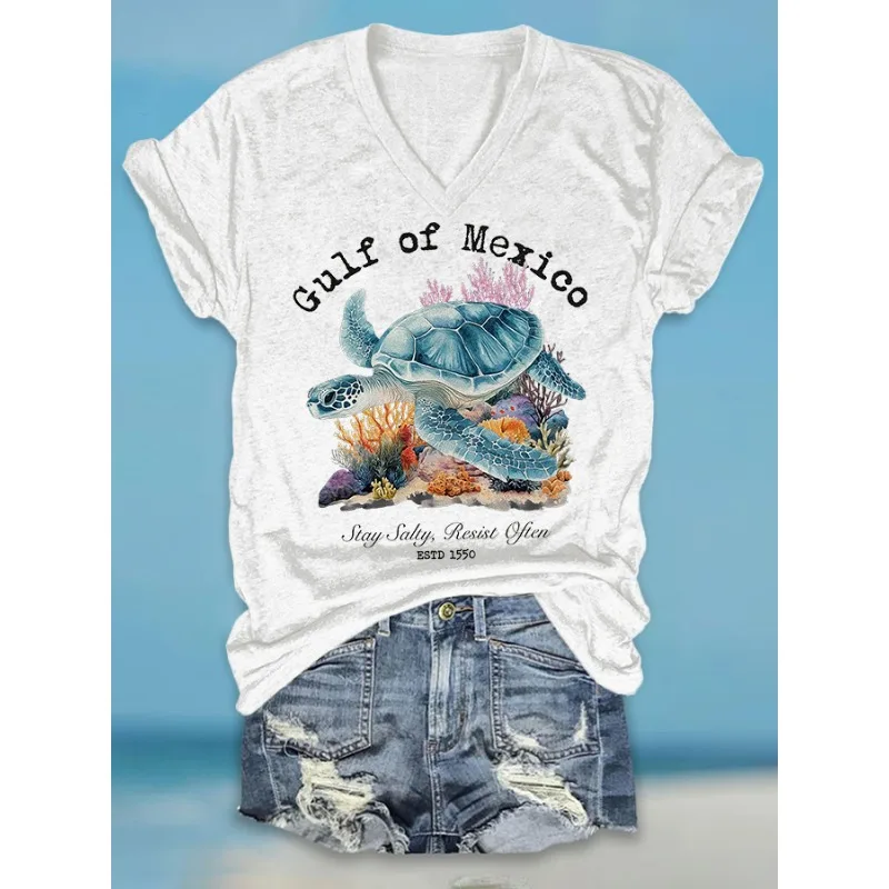 Women's Short Sleeved T-shirt Casual V-neck Summer Top Gulf of Mexico Japanese Printed T-shirt Hot New
Women's Short Sleeved T-shirt Casual V-neck Summer Top Gulf of Mexico Japanese Printed T-shirt Hot New