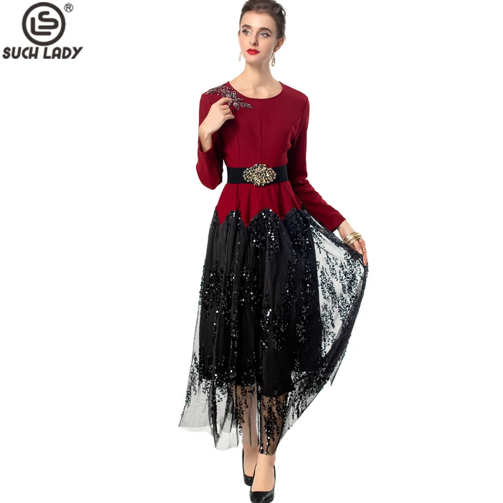 Women's Dress O Neck Long Sleeves Beaded Patchwork Elegant Fashion Designer Vestidos Prom
Women's Dress O Neck Long Sleeves Beaded Patchwork Elegant Fashion Designer Vestidos Prom