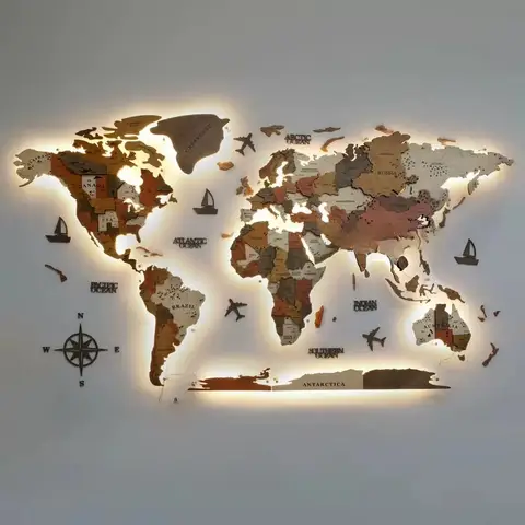 3D World Map Wooden Wall Sign Large Travel Push Pin Map for Wood Wall Decor