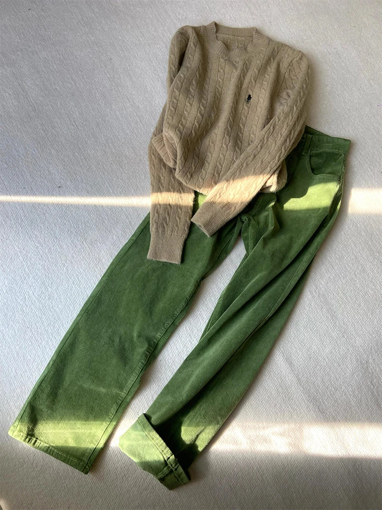 Retro Japanese Style Green Fleece Lined Casual Pants Women's High Waist Straight Leg Long Trousers Autumn Winter Small Size
Retro Japanese Style Green Fleece Lined Casual Pants Women's High Waist Straight Leg Long Trousers Autumn Winter Small Size